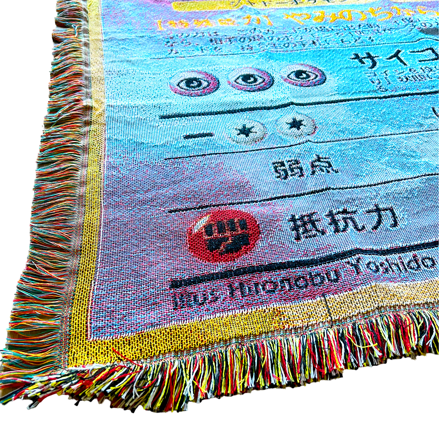 Close-up side view of a Gengar Pokemon tapestry highlighting the detailed textures and vivid colors of the ghostly design.