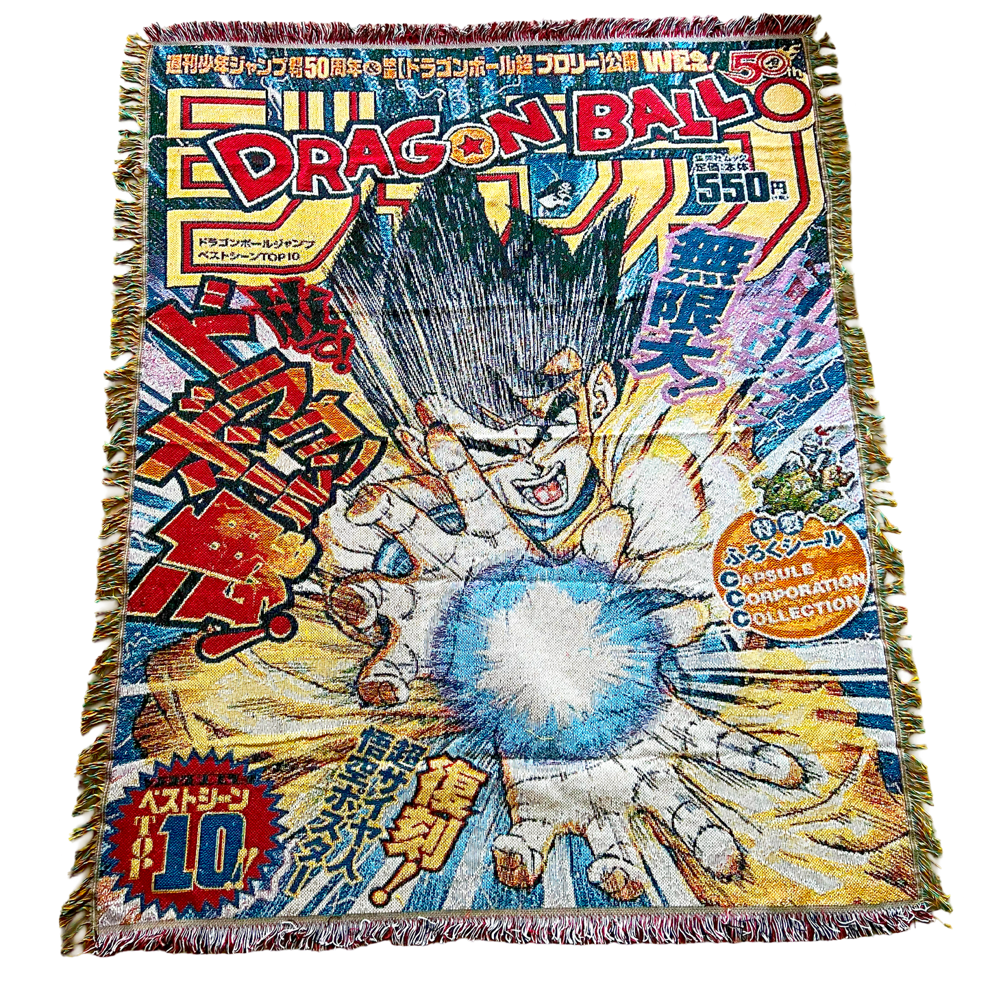 Front view of a Dragon Ball Z blanket featuring bold artwork of iconic characters and vibrant anime-style design.