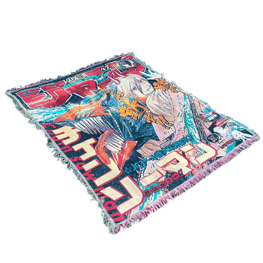 Slight side view of a Chainsaw Man tapestry showcasing detailed weaving and intense action-packed design.
