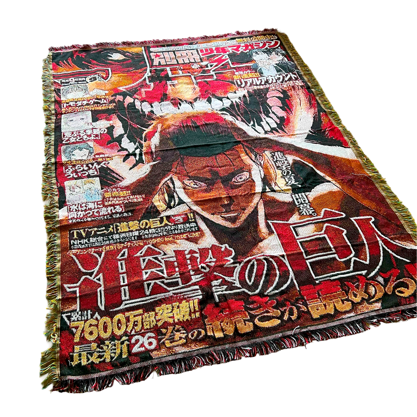 Slight side view of an Attack on Titan woven tapestry showcasing Eren Yeager with intricate weaving and vivid details.