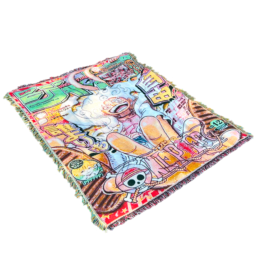 Slight side view of a pirate-themed tapestry showcasing intricate details and vibrant colors on high-quality woven fabric.