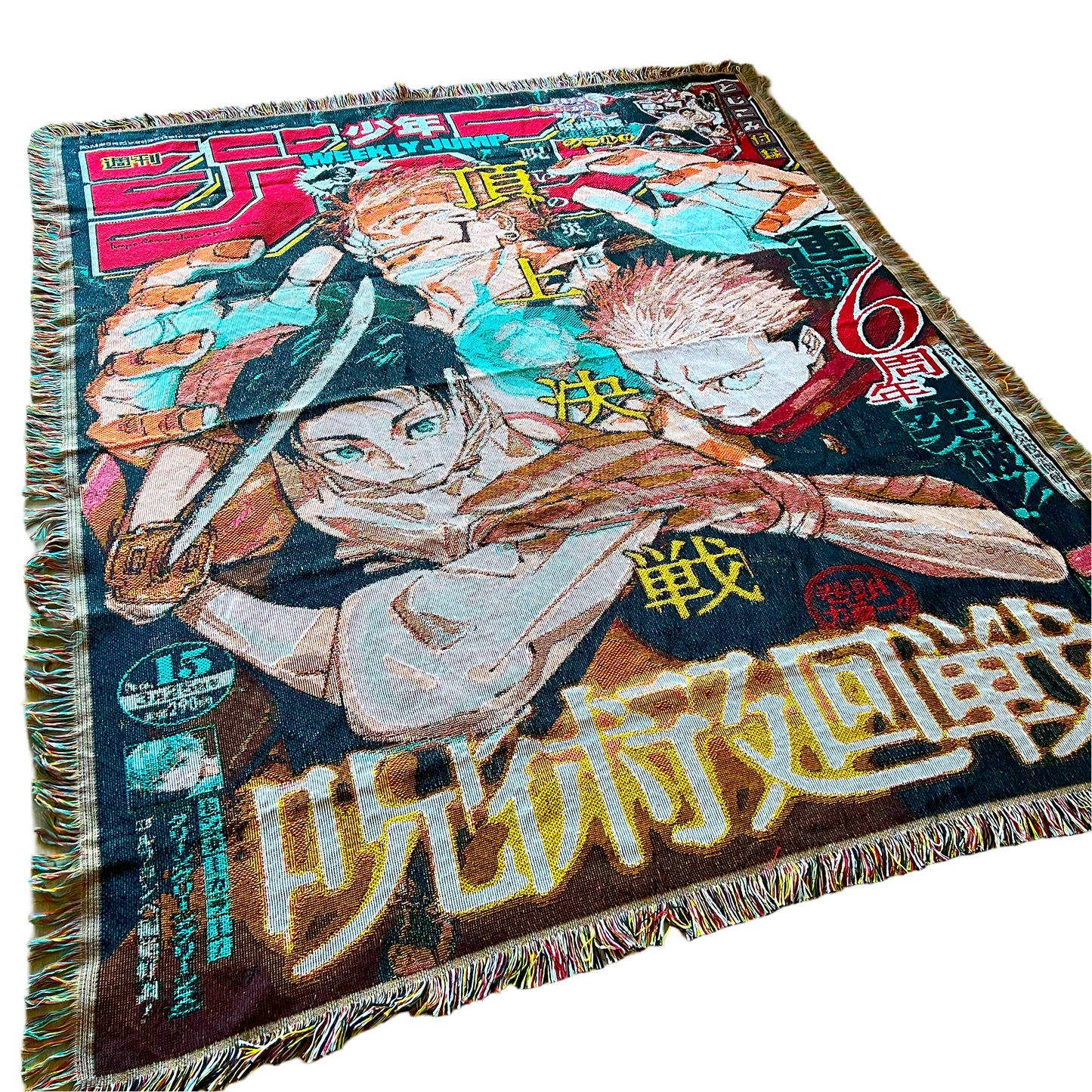 Slight side view of a Jujutsu Kaisen tapestry showcasing Sukuna’s menacing pose and intricate woven artwork.