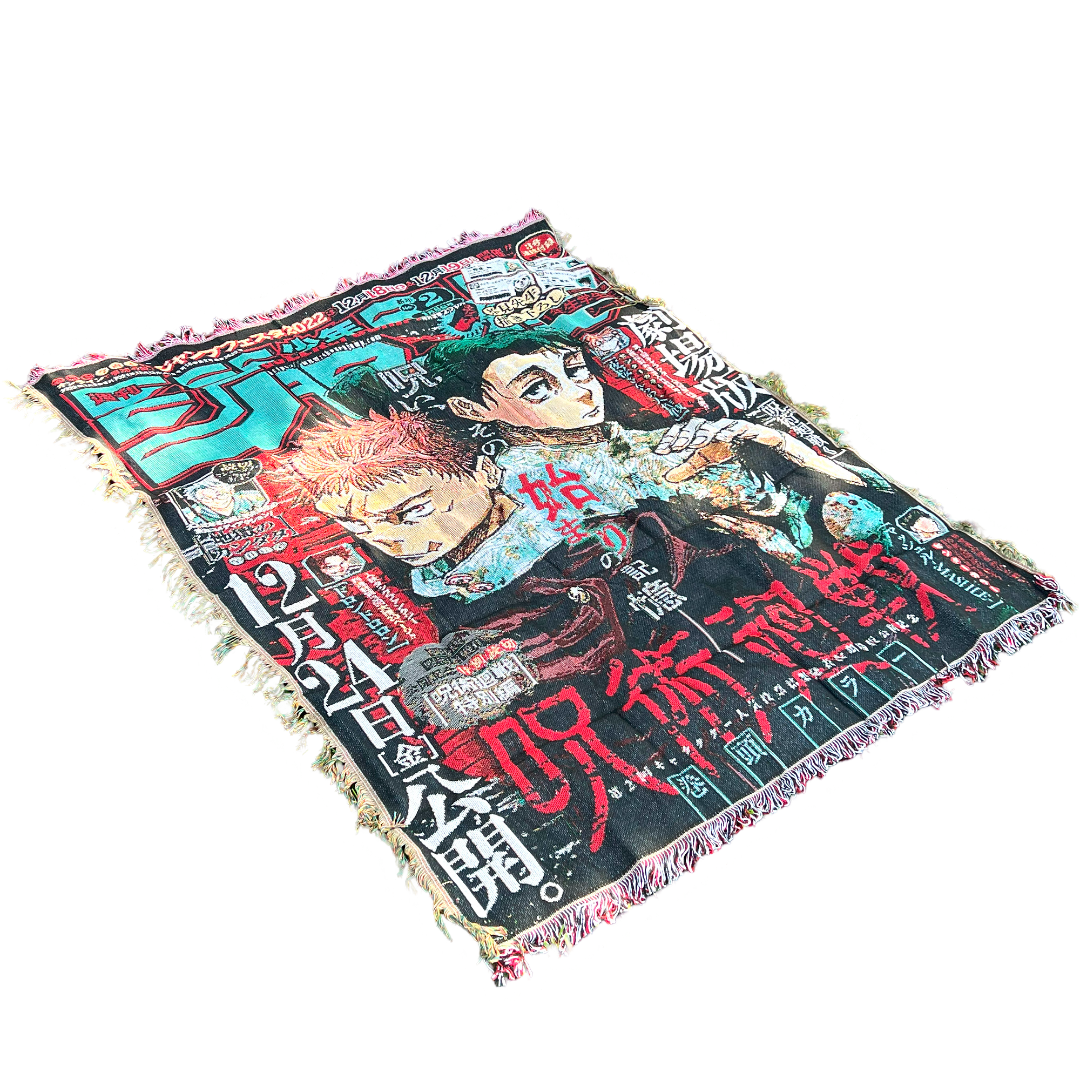 Slight side view of a Jujutsu Kaisen tapestry showcasing Itadori and Yuta in an action-packed design with intricate woven details.