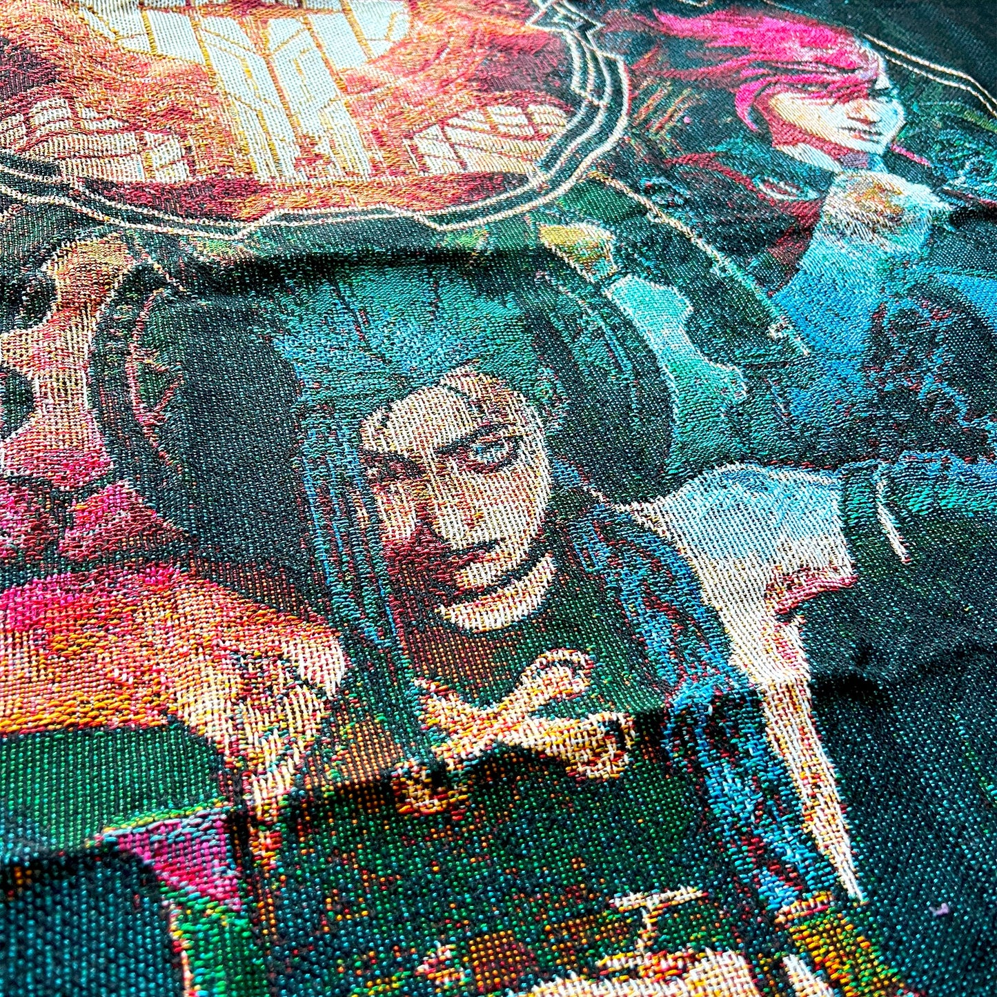 Extreme close-up of a Jinx Arcane tapestry showing the woven texture and sharp details of the character’s expressive design.