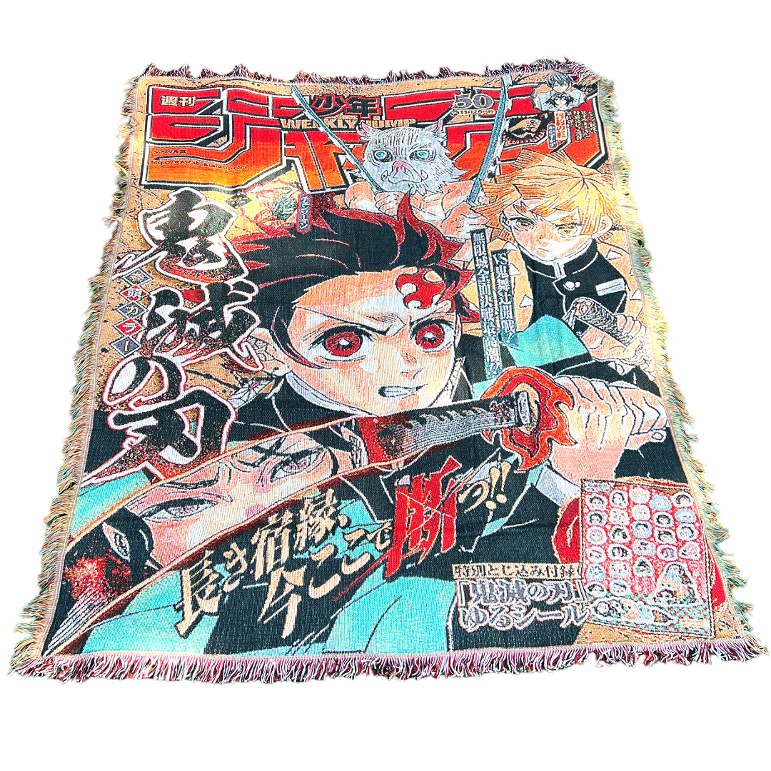 Front view of a Demon Slayer tapestry featuring bold anime artwork with vibrant colors and dynamic character designs, perfect for fans of the series.