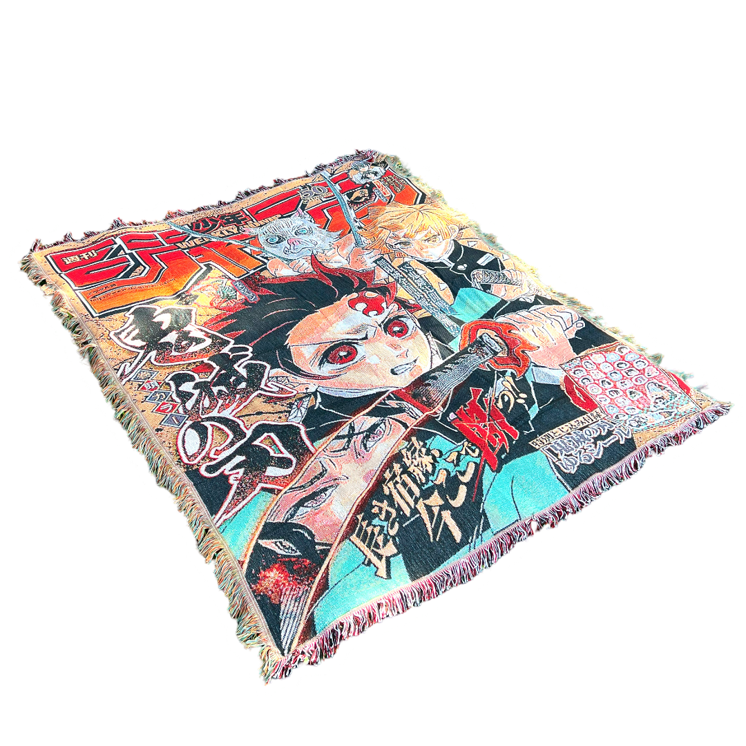 Slight side view of a Demon Slayer tapestry showcasing intricate weaving and stunning artwork inspired by the anime.