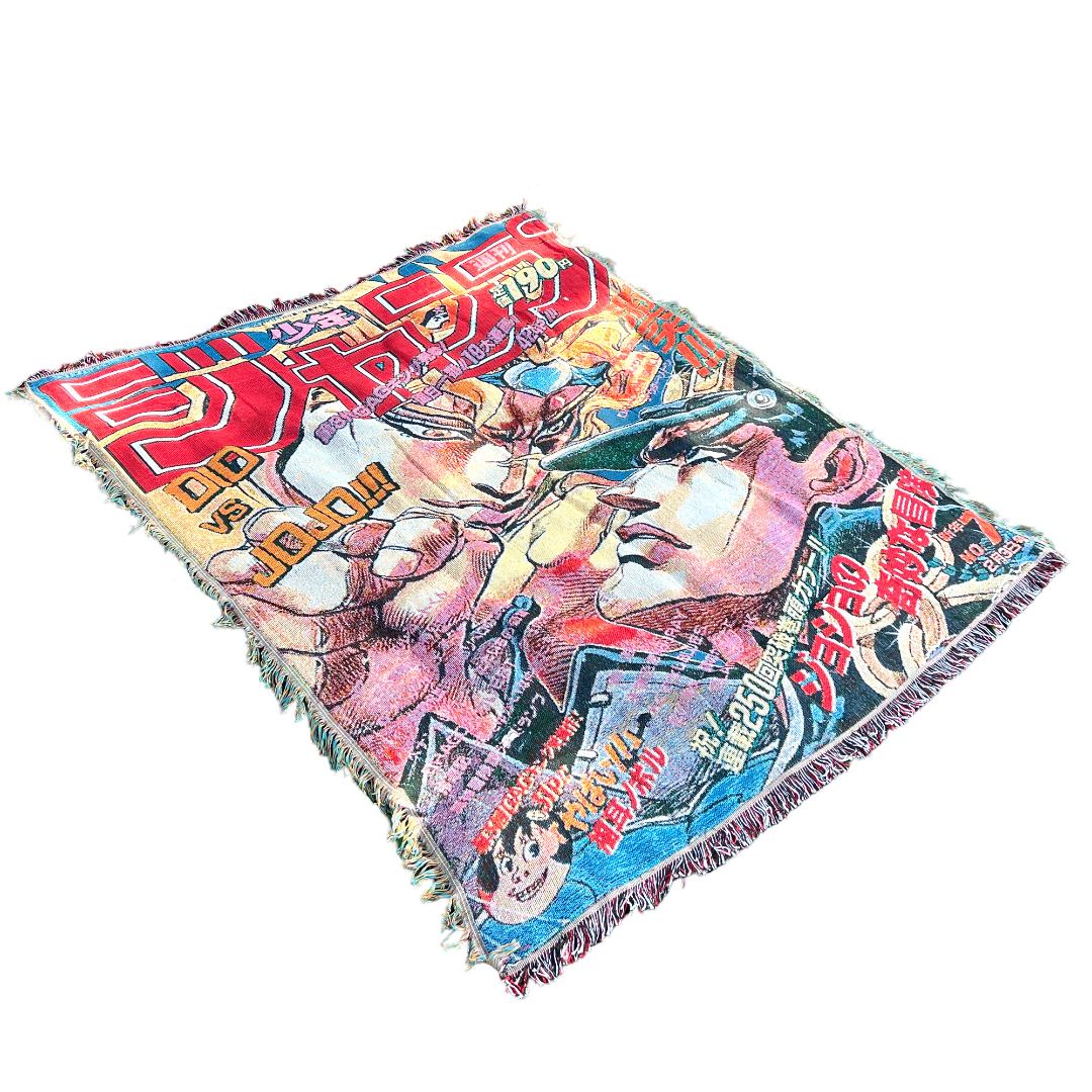 Slight side view of a JoJo’s tapestry showcasing Jotaro Kujo and Dio in an intense standoff with intricate woven details.