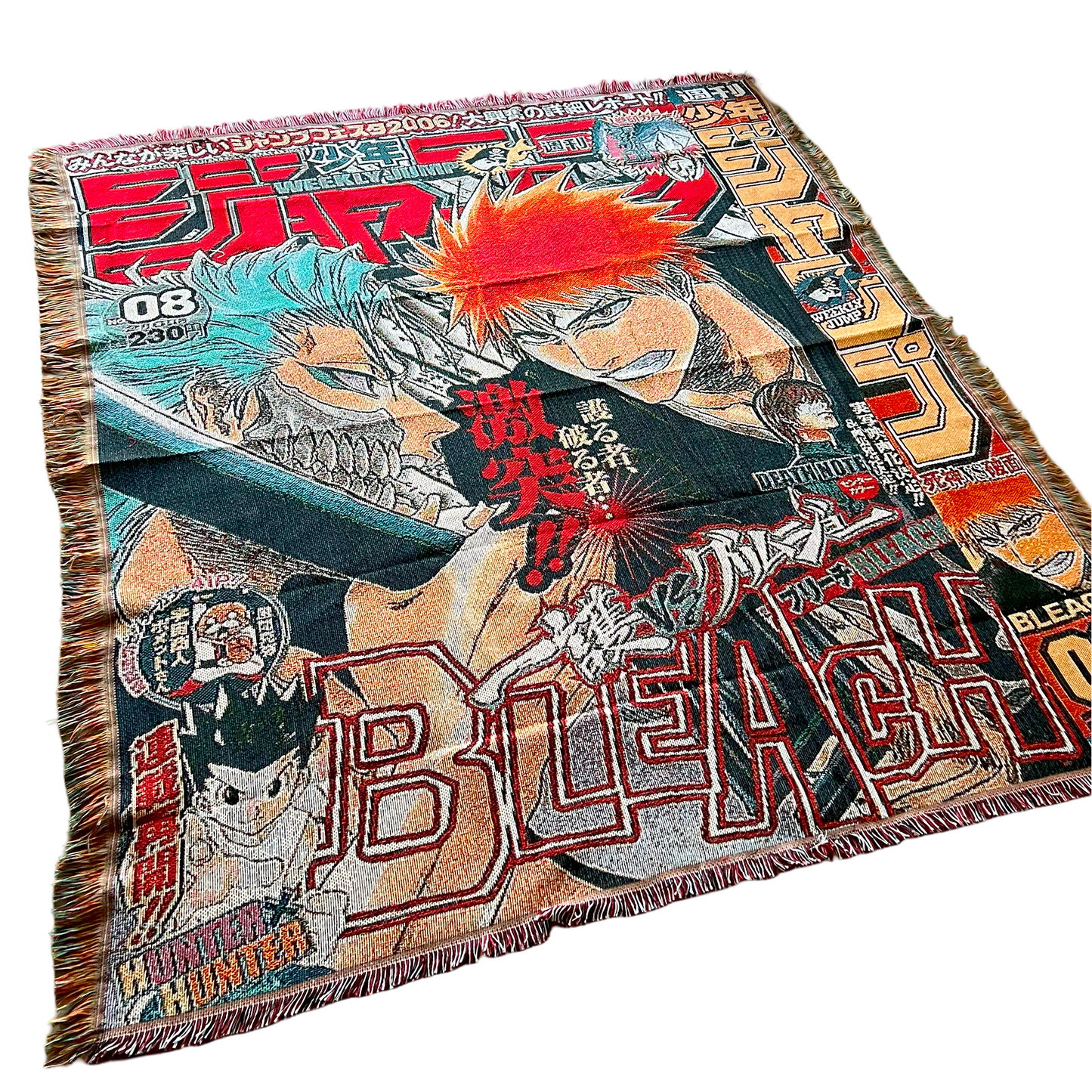 Slight side view of a Bleach tapestry showcasing intricate details of the intense Ichigo vs. Grimmjow fight in vivid colors.