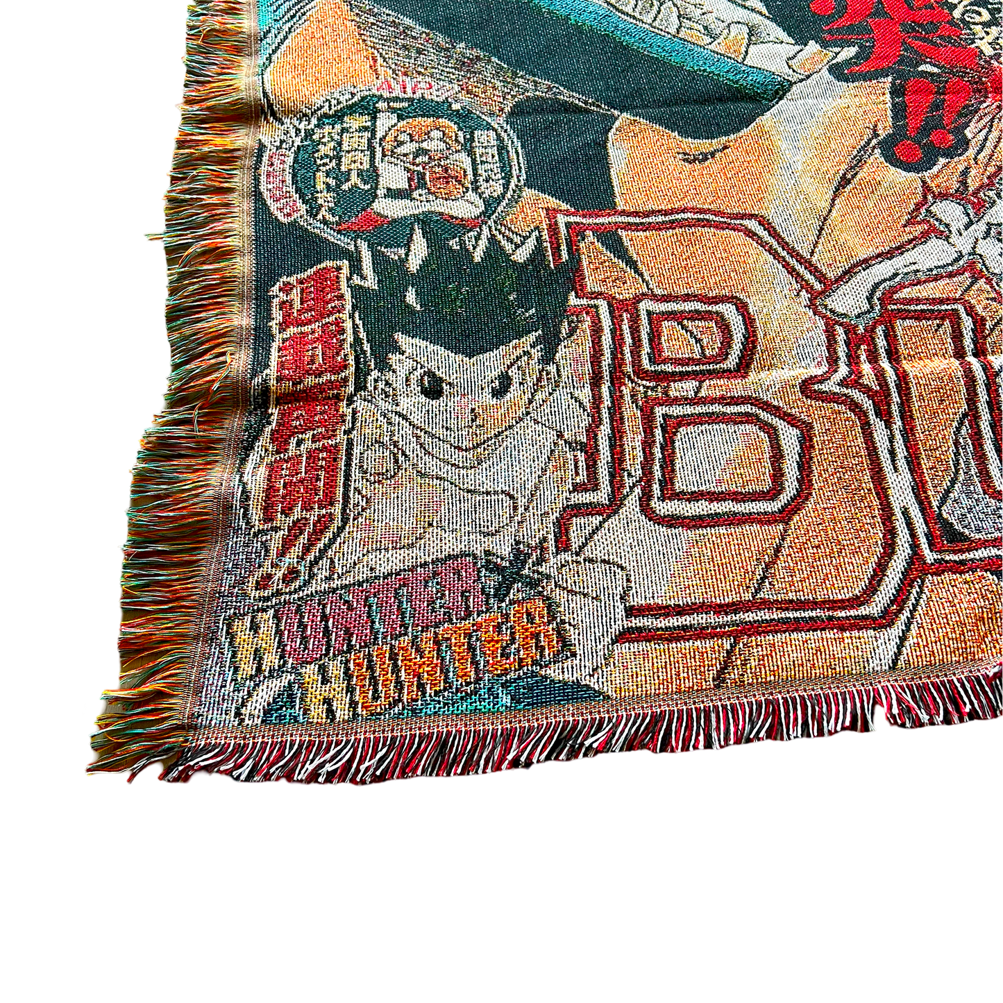 Close-up side view of a Bleach tapestry highlighting the dynamic action and detailed weaving of Ichigo and Grimmjow in battle.
