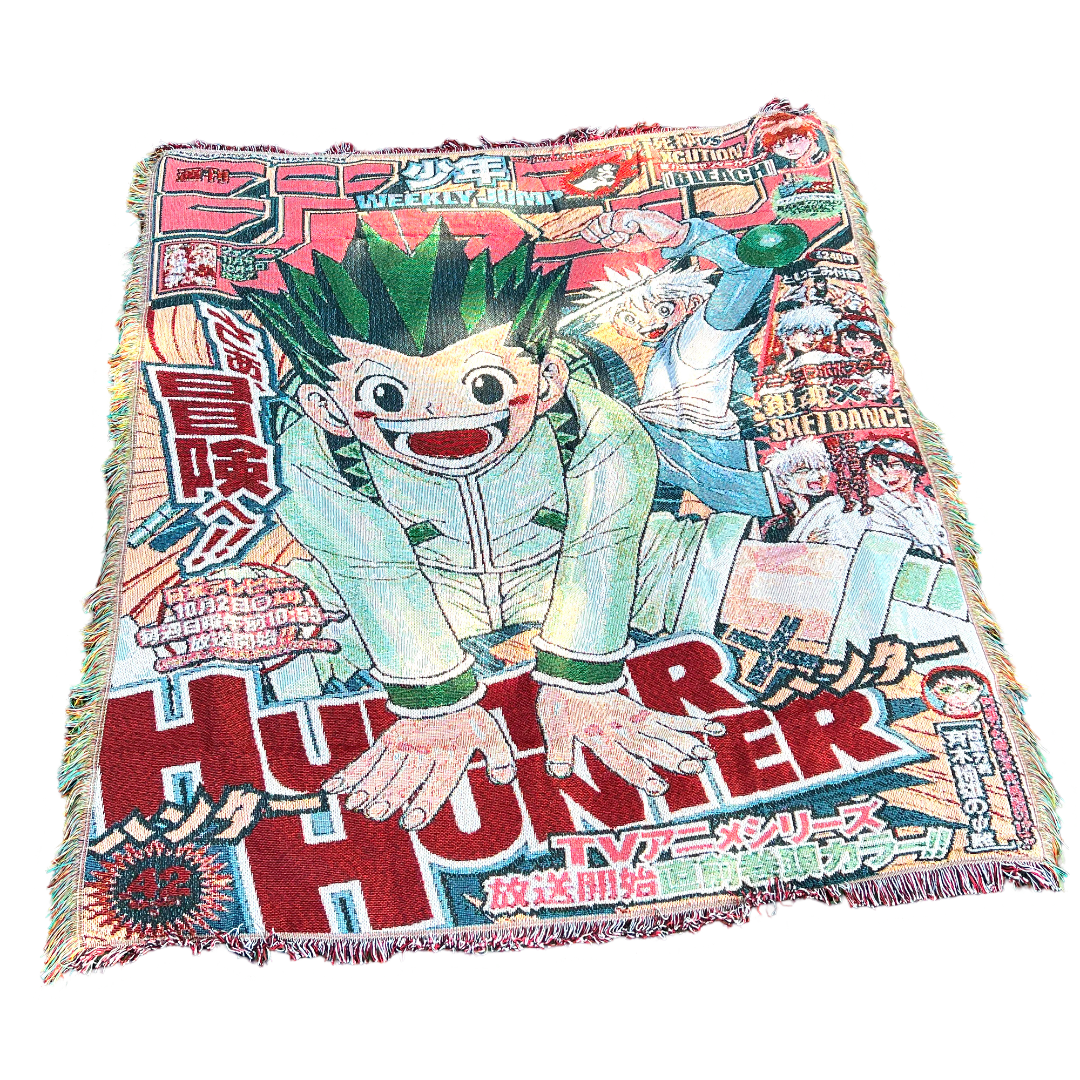 Front view of a Hunter x Hunter tapestry featuring bold anime artwork with vibrant colors and iconic characters, perfect for fans of the series.