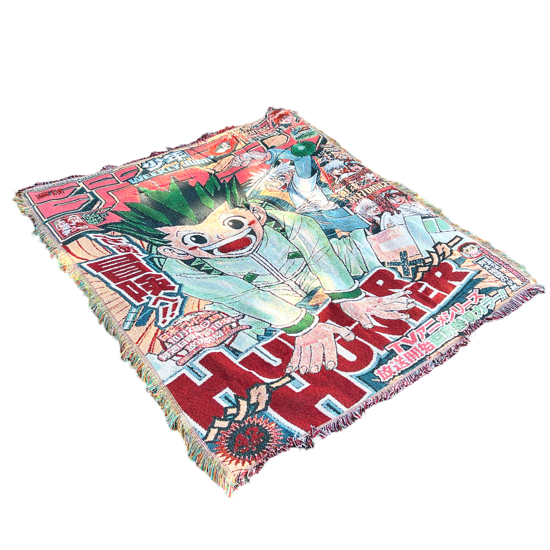 Slight side view of a Hunter x Hunter tapestry showcasing detailed weaving and dynamic artwork inspired by the anime.