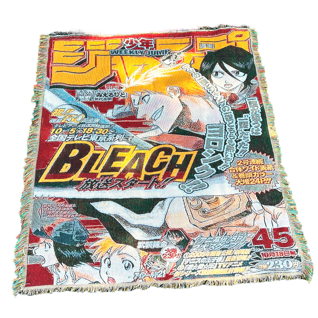 Front view of a Bleach tapestry featuring Ichigo Kurosaki and Rukia Kuchiki in a bold and vibrant anime design, perfect for fans of the series.