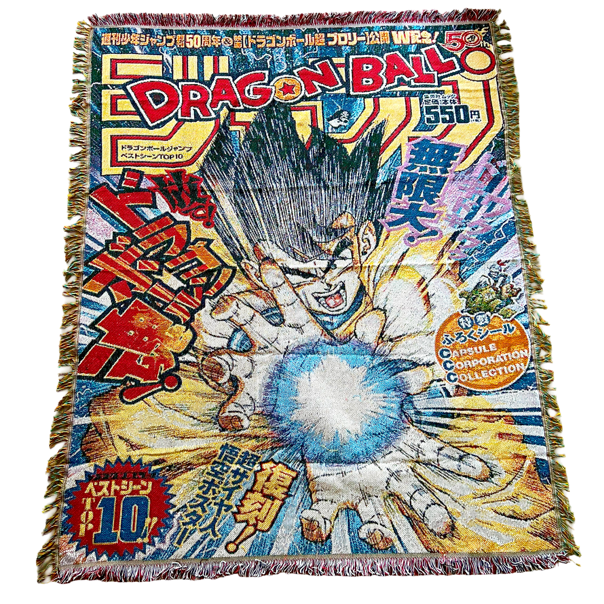 Front view of a Dragon Ball Z blanket featuring bold artwork of iconic characters and vibrant anime-style design.