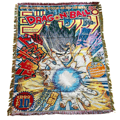 Front view of a Dragon Ball Z blanket featuring bold artwork of iconic characters and vibrant anime-style design.
