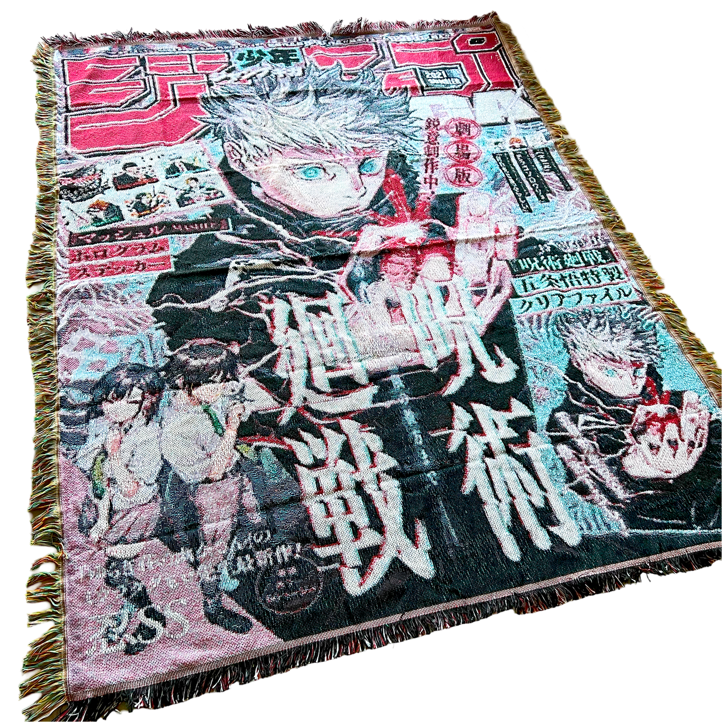 Slight side view of a Jujutsu Kaisen tapestry showcasing Gojo Satoru in a dynamic pose with intricate woven details.