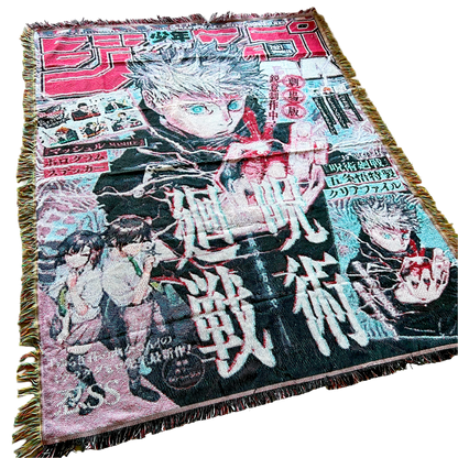 Slight side view of a Jujutsu Kaisen tapestry showcasing Gojo Satoru in a dynamic pose with intricate woven details.