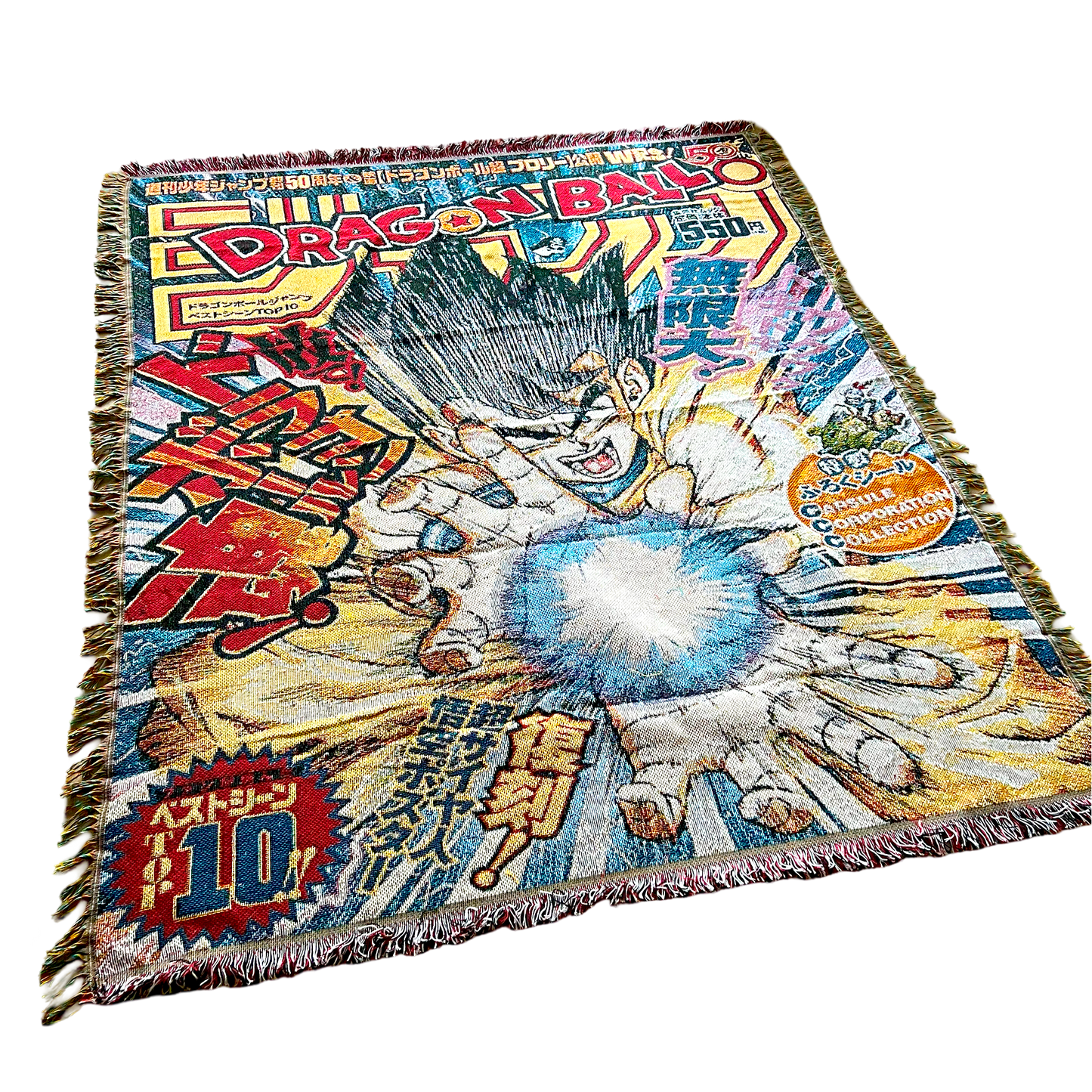 Slight side view of a Dragon Ball Z blanket showcasing bright colors, intricate details, and soft, high-quality fabric.