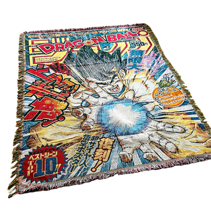 Slight side view of a Dragon Ball Z blanket showcasing bright colors, intricate details, and soft, high-quality fabric.