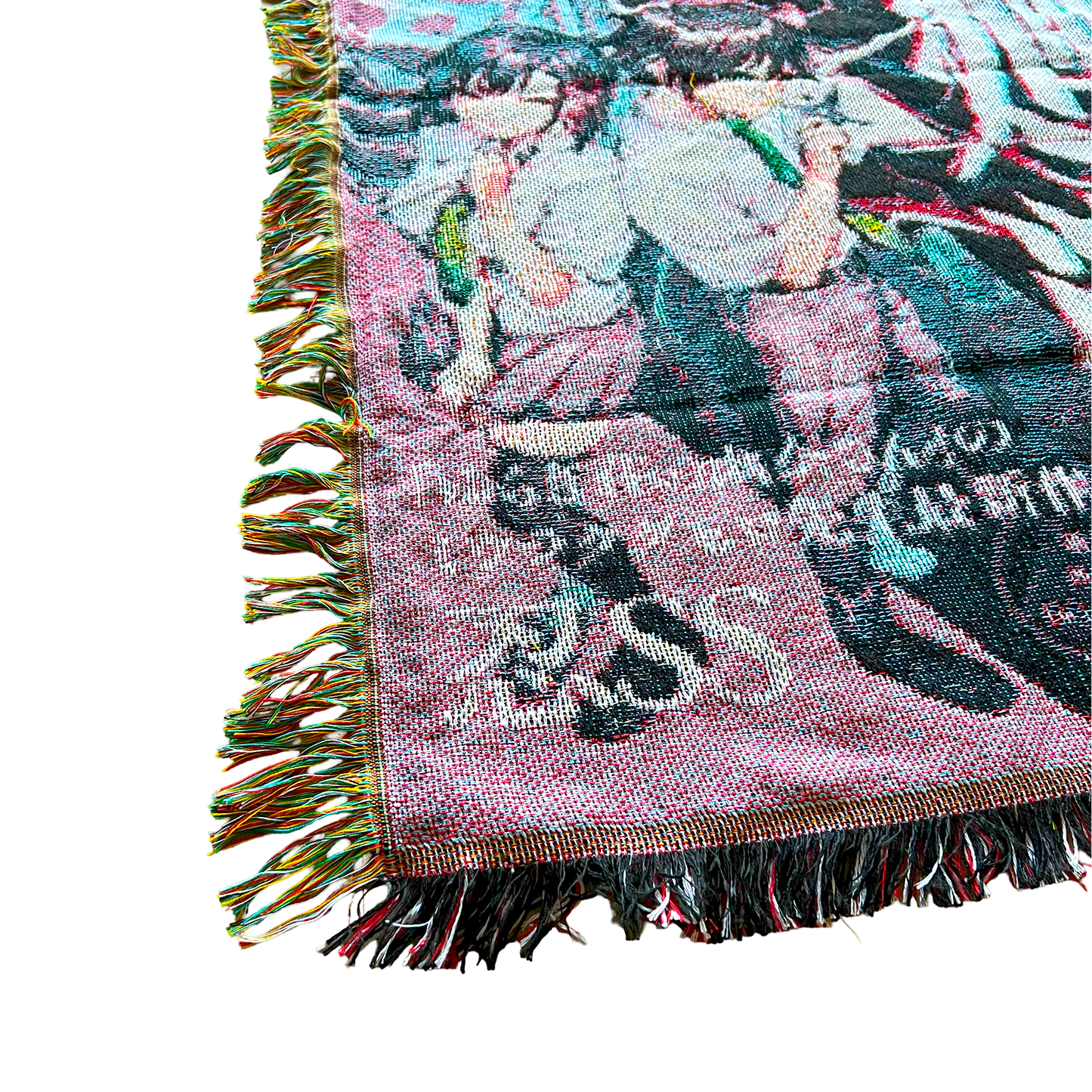 Close-up side view of a Jujutsu Kaisen tapestry highlighting the detailed textures and sharp colors of Gojo’s iconic design.