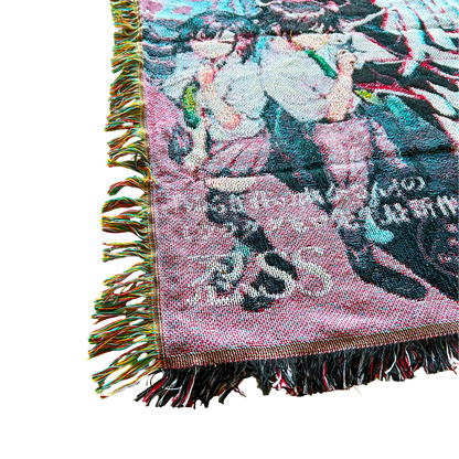 Close-up side view of a Jujutsu Kaisen tapestry highlighting the detailed textures and sharp colors of Gojo’s iconic design.