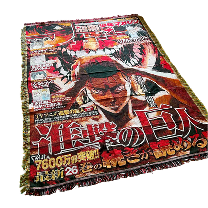 Slight side view of an Attack on Titan woven tapestry showcasing Eren Yeager with intricate weaving and vivid details.