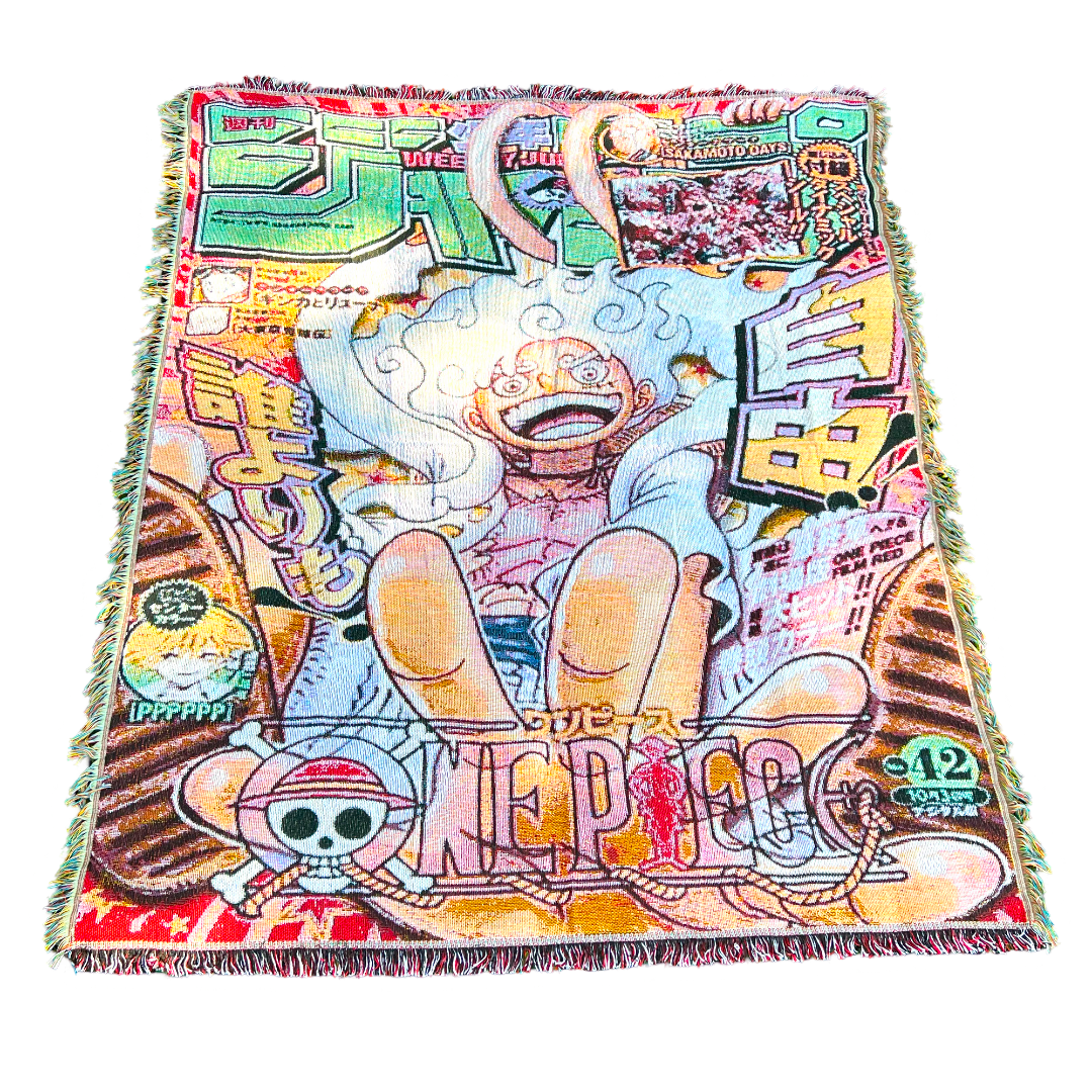 Front view of a pirate-themed tapestry featuring a bold design with adventurous vibes, perfect for anime fans and nautical decor lovers.