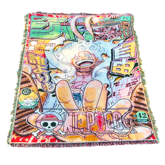 Front view of a pirate-themed tapestry featuring a bold design with adventurous vibes, perfect for anime fans and nautical decor lovers.