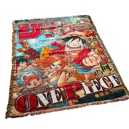 Slight side view of a One Piece tapestry showcasing bold colors, intricate details, and high-quality woven fabric.