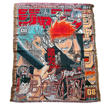 Front view of a Bleach woven tapestry featuring the iconic Ichigo Kurosaki vs. Grimmjow Jaegerjaquez battle scene with bold and vibrant artwork.