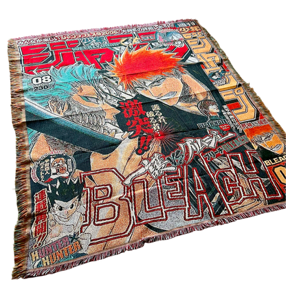 Slight side view of a Bleach tapestry showcasing intricate details of the intense Ichigo vs. Grimmjow fight in vivid colors.