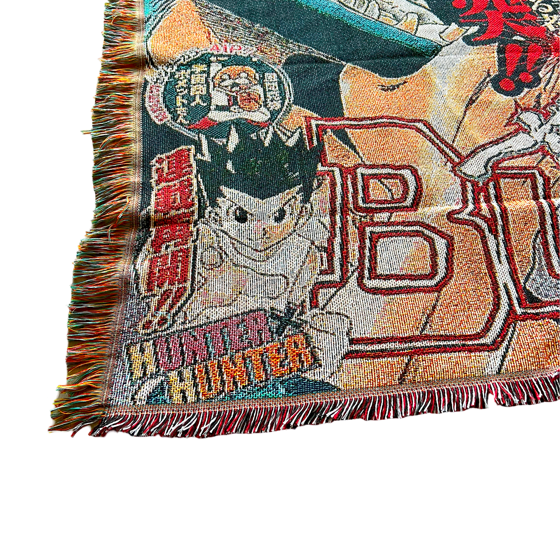 Close-up side view of a Bleach tapestry highlighting the dynamic action and detailed weaving of Ichigo and Grimmjow in battle.