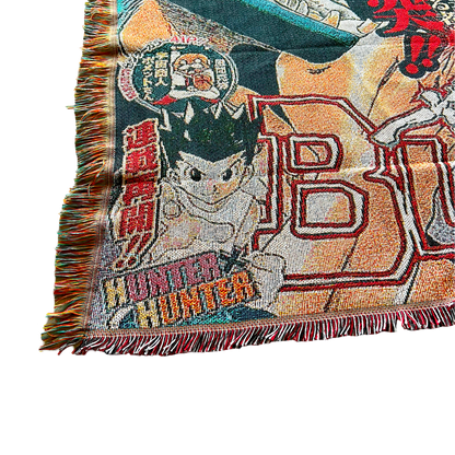 Close-up side view of a Bleach tapestry highlighting the dynamic action and detailed weaving of Ichigo and Grimmjow in battle.