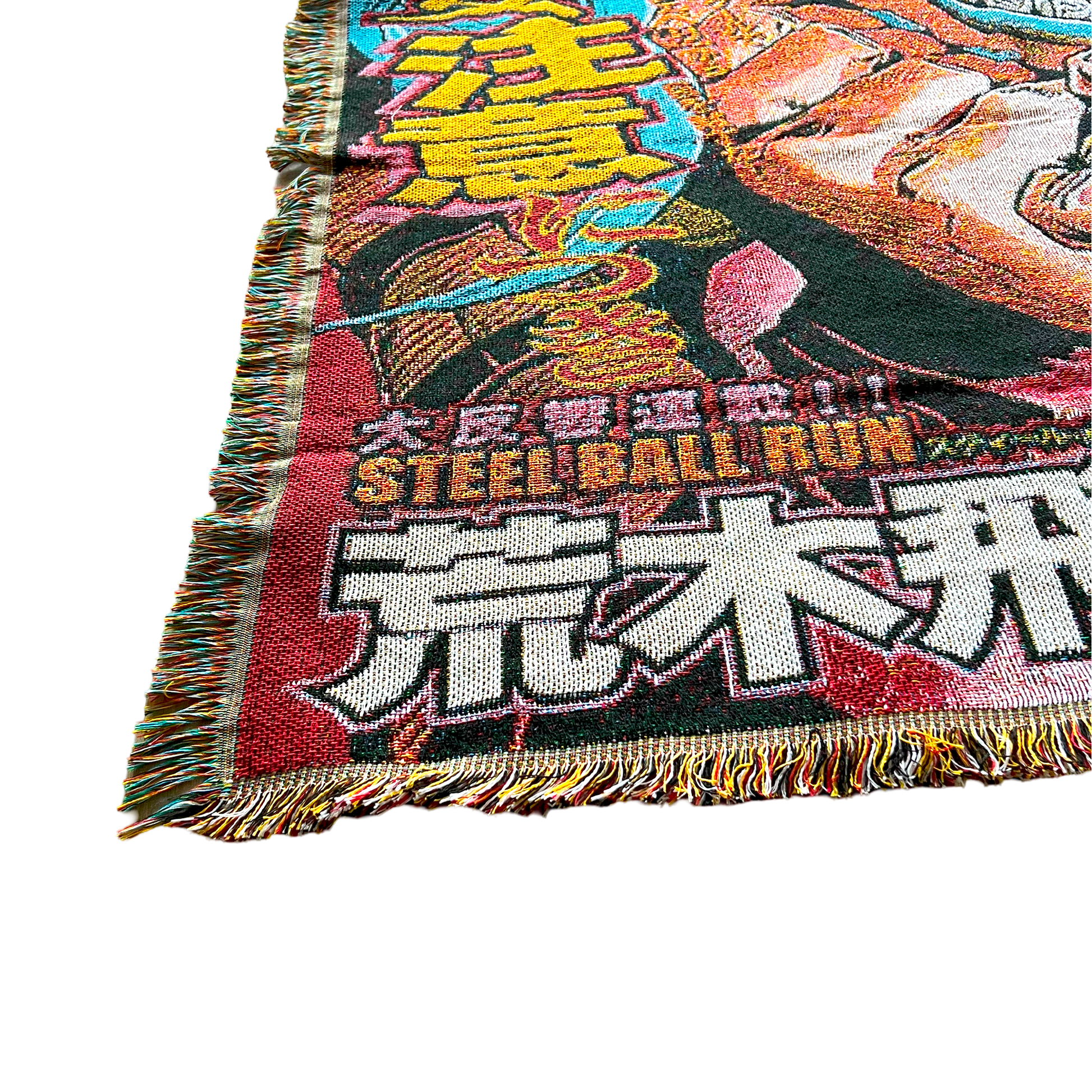 Close-up of a Gyro Zeppeli blanket with a hand lifting the corner, highlighting the plush texture and premium craftsmanship.